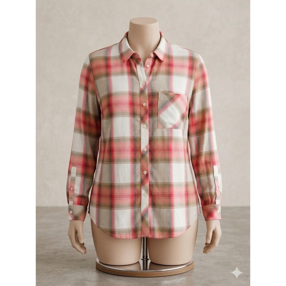 Women Gap Plaid Shirt Blouse Coral Pink Long Sleeve Button Up Casual Top Size M